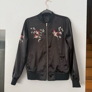EUC Vintage Style Sukajan Bomber 🕊️ LU NYC Embroidered Crane Satin Jacket Y2K